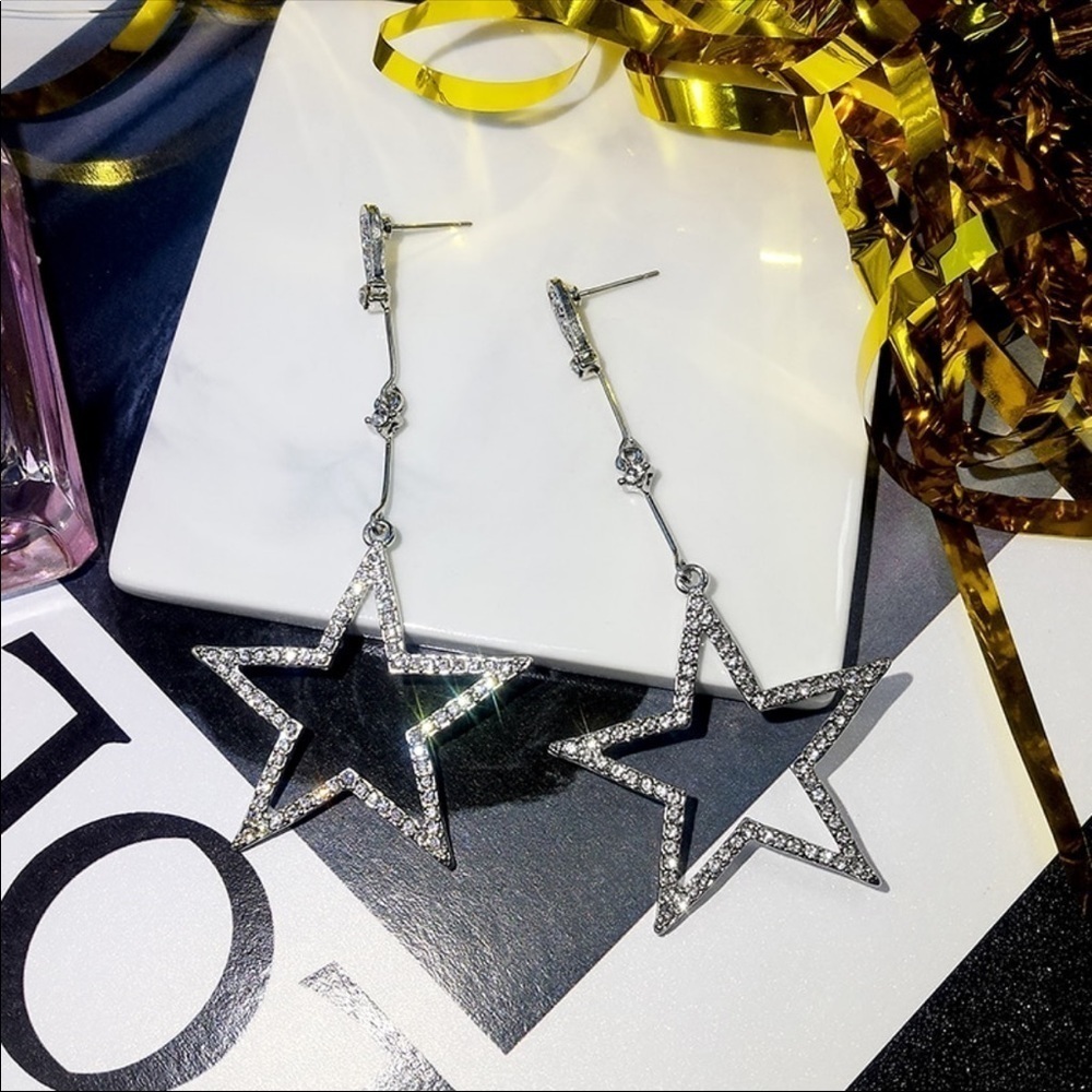 Star Shaped Cubic Zirconia Bling Silver Plated Drop Earrings - Picture 7 of 7